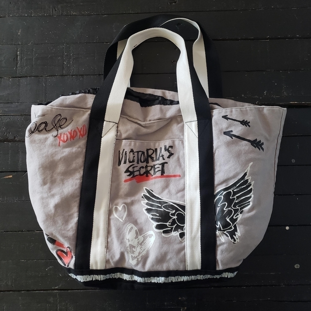 Victoria's Secret Canvas Tote Bag Grey White Black Graffiti Print Promo